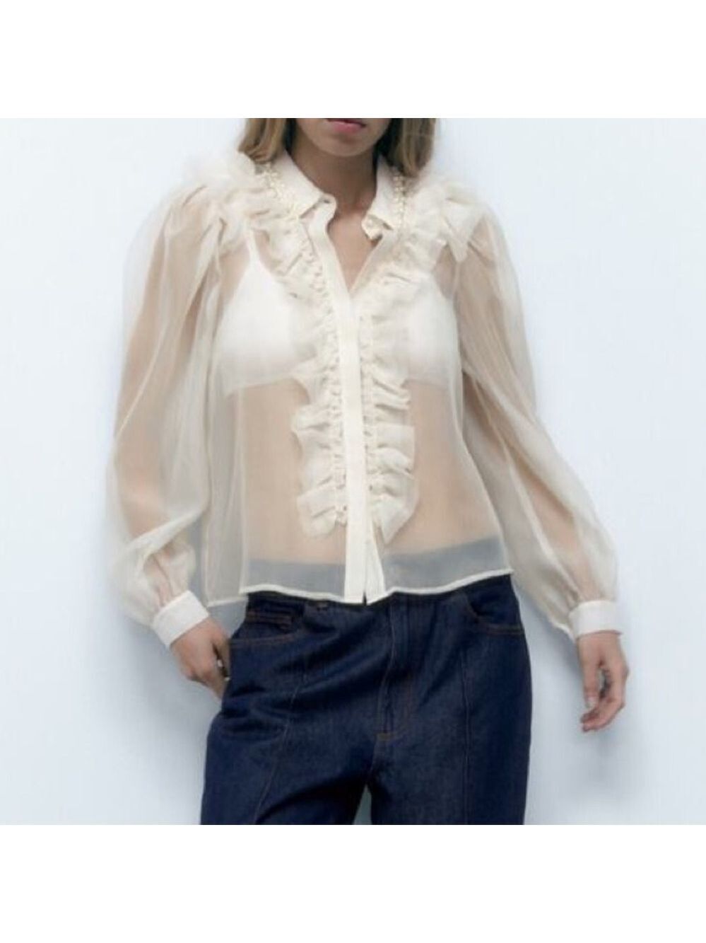 Zara Organza Sheer Ruffle Button Up Blouse with Pearl Embellished Collar